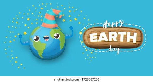 Cartoon earth day horizontal banner with cute smiling earth planet character with funny hat isolated on blue sky background. Eath day concept horizontal design template with funny kawaii earth globe