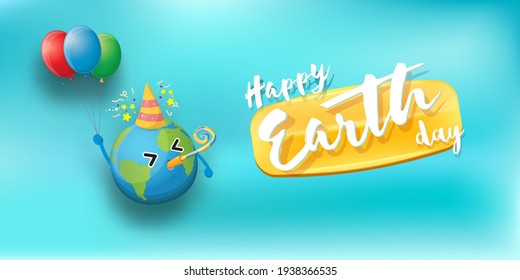 Cartoon earth day horizontal banner with cute smiling earth planet character with funny hat isolated on blue sky background. Eath day concept horizontal design template with funny kawaii earth globe