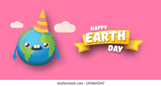 Cartoon earth day horizontal banner with cute smiling earth planet character with funny hat isolated on pink background. Eath day concept horizontal design template with funny kawaii earth globe