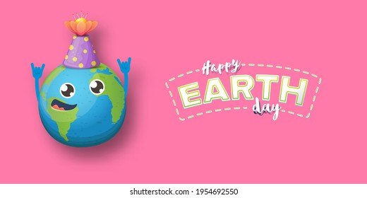 Cartoon earth day horizontal banner with cute smiling earth planet character with funny hat isolated on pink background. Eath day concept horizontal design template with funny kawaii earth globe