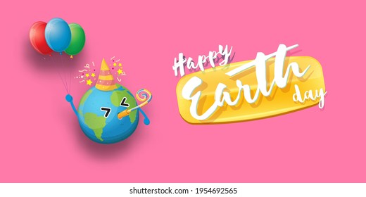 Cartoon earth day horizontal banner with cute smiling earth planet character with funny hat isolated on pink background. Eath day concept horizontal design template with funny kawaii earth globe