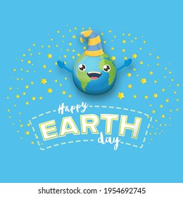 Cartoon earth day horizontal with cute smiling earth planet character with funny hat isolated on blue sky background. Eath day concept design template with funny kawaii earth globe