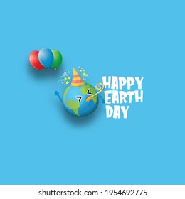 Cartoon earth day horizontal with cute smiling earth planet character with funny hat isolated on blue sky background. Eath day concept design template with funny kawaii earth globe