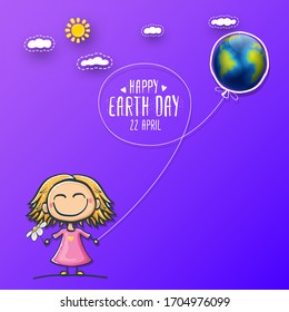 Cartoon earth day illustration or banner with little cute girl character holding in hands baloon with earth globe. Vector World earth day concept poster illustration with planet Earth and funny child