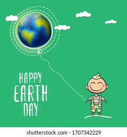 Cartoon earth day illustration or banner with little funny boy holding in hands baloon with earth globe. Vector World earth day concept poster illustration with planet Earth and funny child