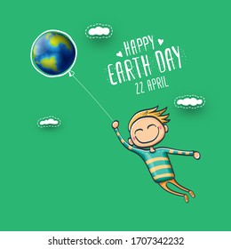 Cartoon earth day illustration or banner with little funny boy holding in hands baloon and fly in sky. Vector World earth day concept poster illustration with planet Earth and funny child