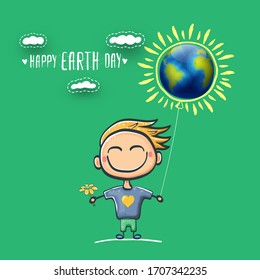 Cartoon earth day illustration or banner with little funny boy holding in hands baloon with earth globe. Vector World earth day concept poster illustration with planet Earth and funny child