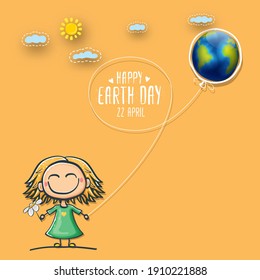 Cartoon earth day illustration or banner with little cute girl character holding in hands baloon with earth globe. Vector World earth day concept poster illustration with planet Earth and funny child