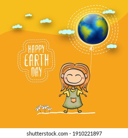 Cartoon earth day illustration or banner with little cute girl character holding in hands baloon with earth globe. Vector World earth day concept poster illustration with planet Earth and funny child