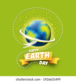 Cartoon earth day illustration or banner with earth globe and flying plane isolated on green background. Vector World earth day concept poster illustration with planet Earth in space
Z