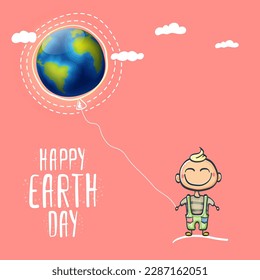 Cartoon earth day illustration or banner with little cute girl character holding in hands baloon with earth globe. Vector World earth day concept poster illustration with planet Earth and funny child