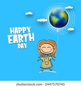 Cartoon earth day illustration or banner with little cute girl character holding in hands baloon with earth globe. Vector World earth day concept poster illustration with planet Earth and funny child