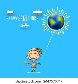 Cartoon earth day illustration or banner with little cute girl character holding in hands baloon with earth globe. Vector World earth day concept poster illustration with planet Earth and funny child