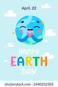 Cartoon earth day poster with cute character. Colorful banner with funny earth globe mascot.