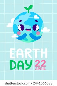 Cartoon earth day poster with cute character. Colorful banner with happy earth globe mascot with sprout.