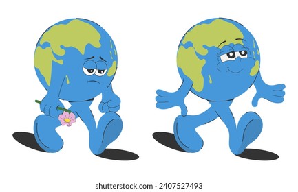 Cartoon earth with different emotions, isolated on a white background. A sad planet with a withered flower in its hand and a cheerful, joyful planet.Vector illustration. Environmental problems.
