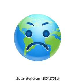 Cartoon Earth Face Angry Emotion Icon Funny Planet Expression Isolated