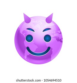 Cartoon Earth Face Devil Smile Icon Funny Planet Emotion