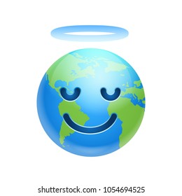 Cartoon Earth Face With Nimbus Smile Icon Funny Planet Emotion