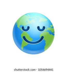 Cartoon Earth Face Smile With Closed Eyes Icon Funny Planet Emotion