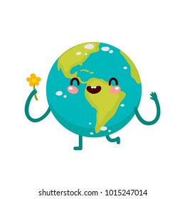 Cartoon Earth with flower, planet, vector character, Solar system.