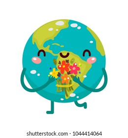 Cartoon Earth with flowers, planet, vector character, Solar system.