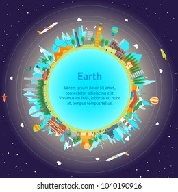 Cartoon Earth Globe in Cosmos, Aircraft Transport, Nature and Building Tourism Business Concept Flat Design Style. Vector illustration of Trip