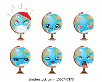 Cartoon Earth globe in different expressions, kawaii faces.