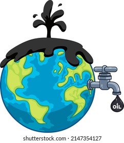 Cartoon Earth Globe With Faucet And Petroleum Or Oil Drop. Vector Hand Drawn Illustration Isolated On White Background