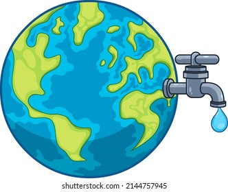 Cartoon Earth Globe With Faucet And Water Drop. Vector Hand Drawn Illustration Isolated On White Background