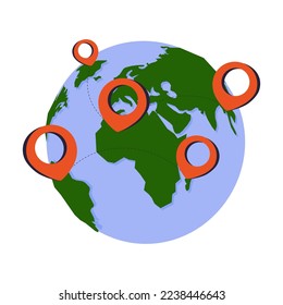 Cartoon earth globe with pinpoints online deliver service, delivery tracking, pin location point marker of shipment map. Product shipping out from world map. delivery icon vector illustration