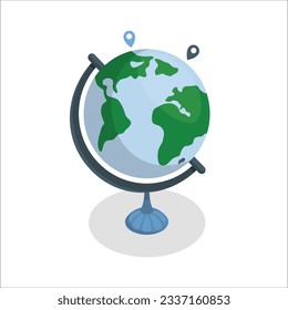 Cartoon Earth globe. Planet Earth model with world map on base on white background. Planet Earth with Map of World Icon Closeup Isolated on White Background. Design Template of School Globe. 2168