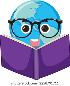 Cartoon earth globe reading book illustration