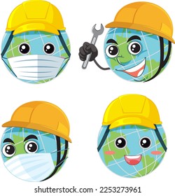 Cartoon earth globes wearing hard hat illustration