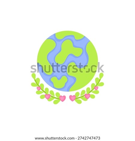 Cartoon Earth with green continents and leafy branches adorned with pink hearts. Symbolizes love for nature, global unity, and environmental care. Perfect for Earth Day and eco-themed visuals.