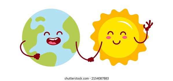 Cartoon earth handshaking with sun. Vector illustration