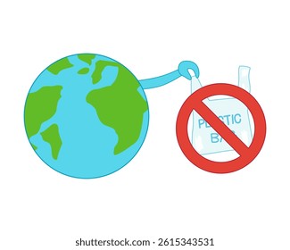 Cartoon Earth Hold Ban Plastic Bag. Save Our Planet,Plastic Ban Concept .Cartoon Vector Illustration. 