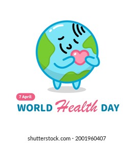 Cartoon earth holding a heart with peaceful smile. World Health Day. Greeting card. Banner.