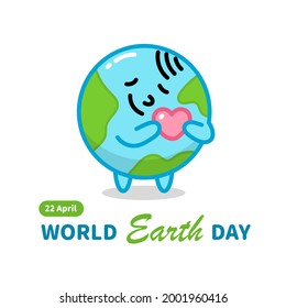 Cartoon earth holding a heart with peaceful smile. World Earth Day. International Mother Earth Day.