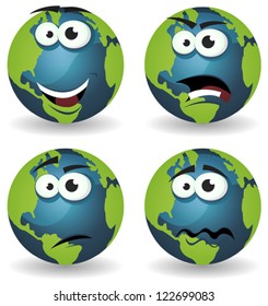 Cartoon Earth Icons Emotions/ Illustration of a set of various cartoon funny earth symbol icons characters with various emotions, happy, angry, doubtful and sadness