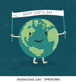 Cartoon Earth Illustration. Planet smile and hold banner with "Happy Earth Day" words. On old paper texture. Grunge layers easily edited.