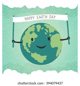 Cartoon Earth Illustration. Planet smile and hold banner with "Happy Earth Day" words. On sunbeam rays background. Sky with clouds background. Grunge layers easily edited.