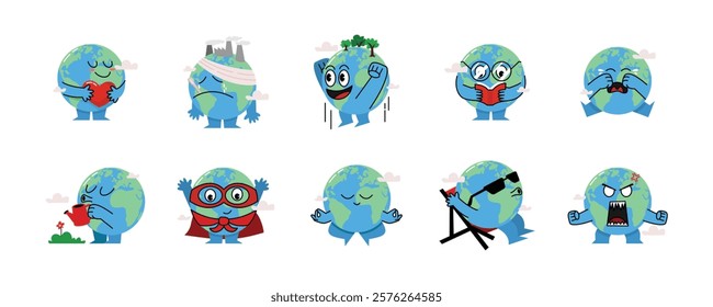 Cartoon Earth Illustrations Expressing Various Emotions and Activities, Cute doodle bundle of stickers earth. Global warming, plastic pollution, air pollution, care, green world.