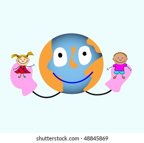 cartoon earth with kids.