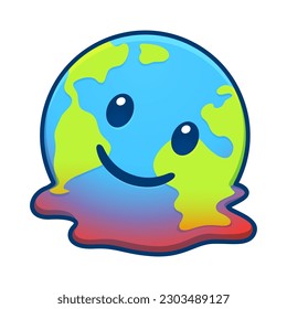 Cartoon Earth melting in red hot puddle of extreme heat. Global warming and climate crisis vector clip art illustration.