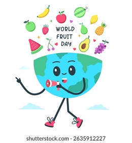 desfile de terra de desenho animado carregando alto-falante comemorando o dia mundial da fruta. vetor isolado no fundo branco
