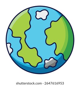 Cartoon planeta Terra com oceanos azuis e continentes verdes isolados sobre fundo branco.