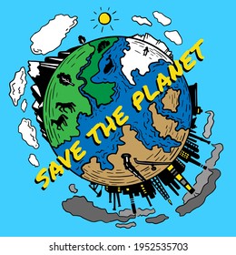 Cartoon earth planet globe vector color illustration, isolated on white background. The planet is divided into 2 parts: pollution by exhaust, oil extraction, factories and zero waste part.