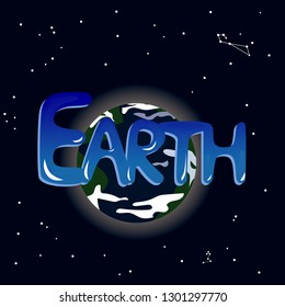 Cartoon Earth Planet illustration with  cartoon hand draw lettering. Vector