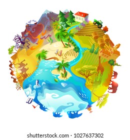 Cartoon Earth planet nature concept with animals mountain volcano farming arctic desert forest savannah landscapes isolated vector illustration